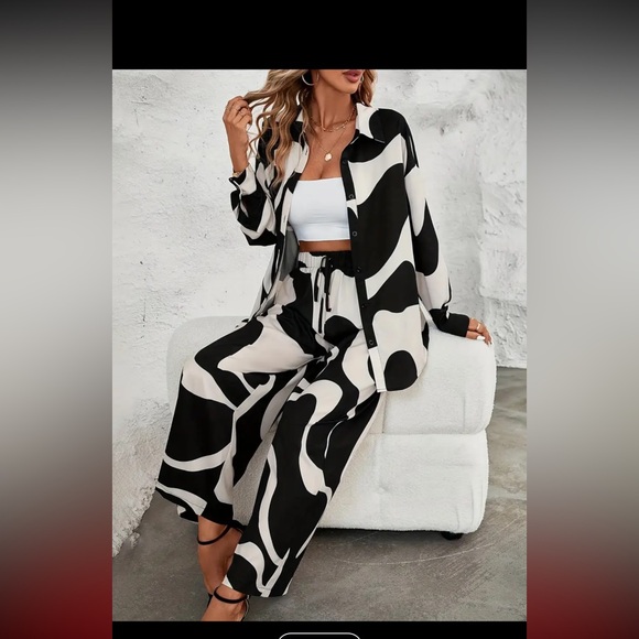 189. Casual  2 Piece  set  set Color Block Pants Set, Button Front Long Sleeve - Picture 3 of 4